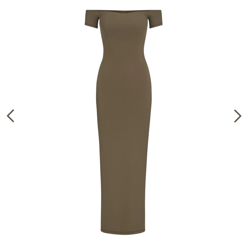 SKIMS Soft Lounge Off the Shoulder Dress in Army Green